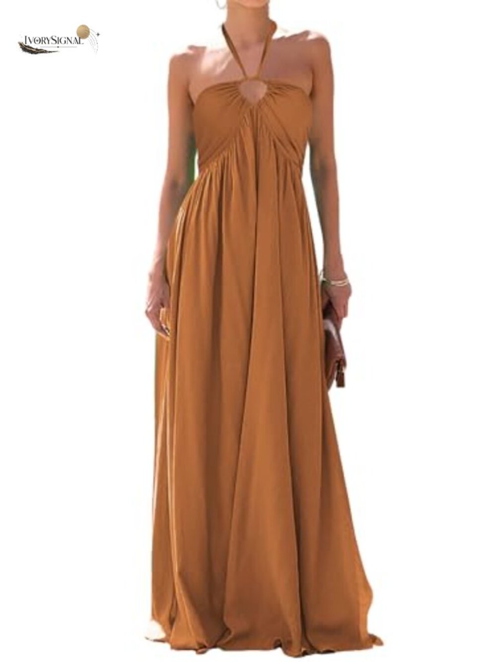 Halter V Neck Backless Smocked A Line Maxi Dress Beach Vacation Sundress